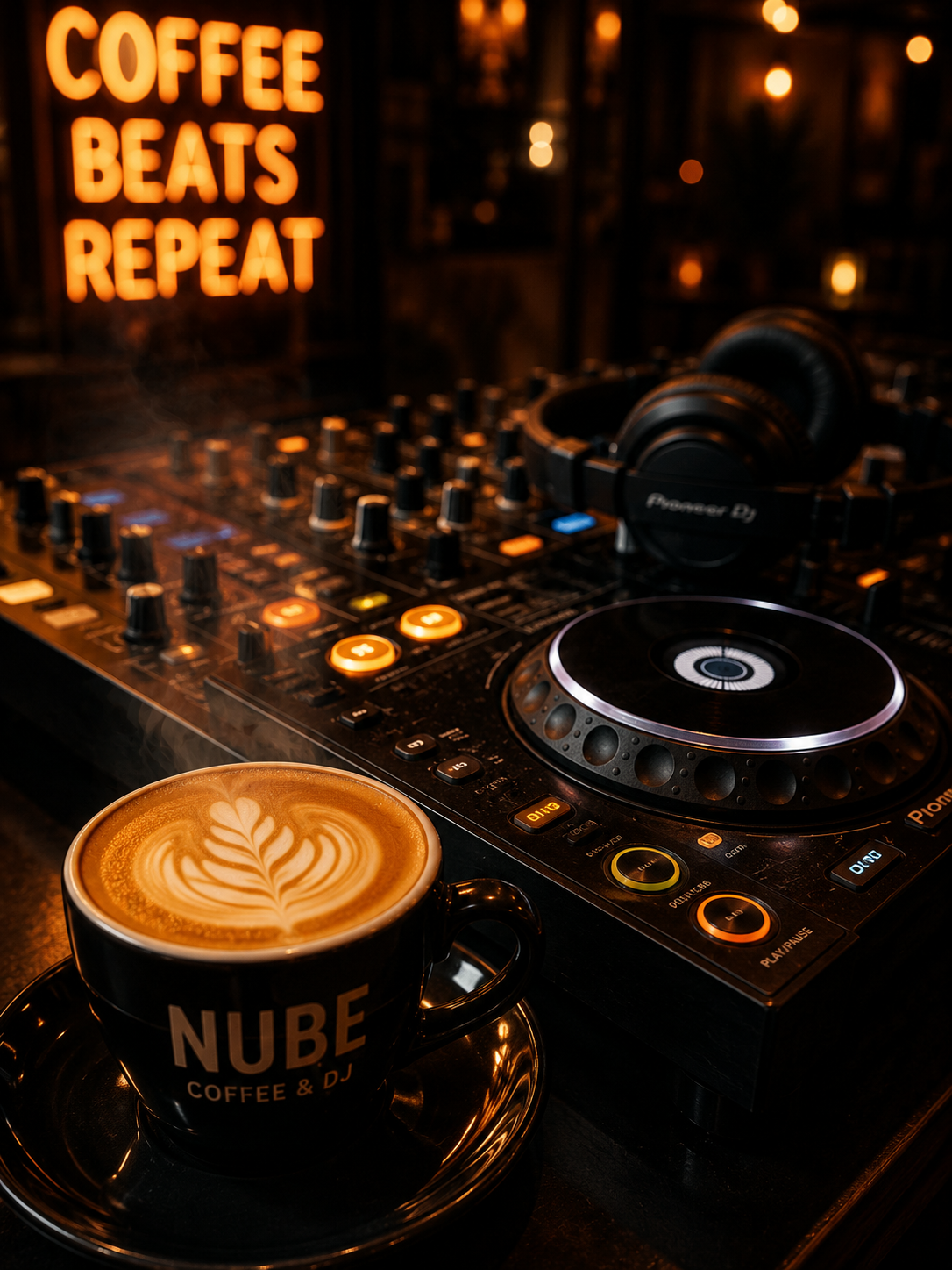 Coffee Beats Repeat ışıkları önünde NUBE kahvesi, DJ mikseri ve kulaklık